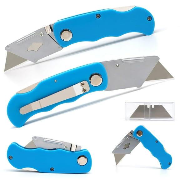 4 Pack Folding Utility Knife,Pocket Box Cutter Knife,Heavy Duty Box Cutter Knife with Clip,Lock Back Design Pocket Knife,Quick Change Blade Box Knife with Extra 10 Pack Blades