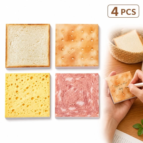 4 Pack Food Shaped Sticky Notes, Toast, Cookie, Cheese & Bacon Memo Pads for Planner & Office Decor