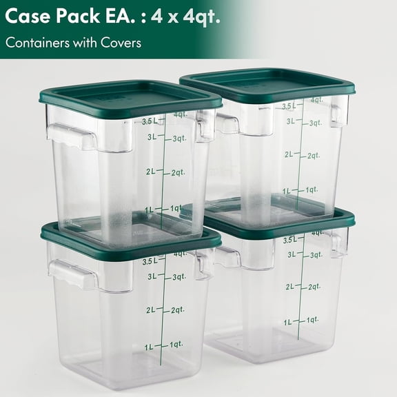 4 Pack Food Storage Container with Green Lid - 4.0 Qt - Square, Clear, Polycarbonate