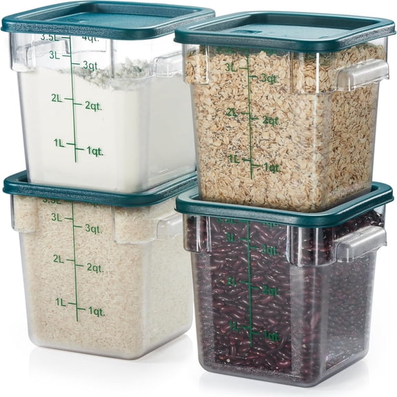 4 Pack Food Storage Container with Green Lid - Commercial Grade in 4.0 Qt - Square, Clear, Polycarbonate