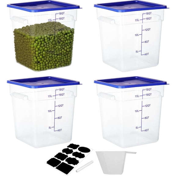 4 Pack Food Storage Containers, 18 Quart Square Commercial Food Containers with Lids, NSF, Polycarbonate, Clear