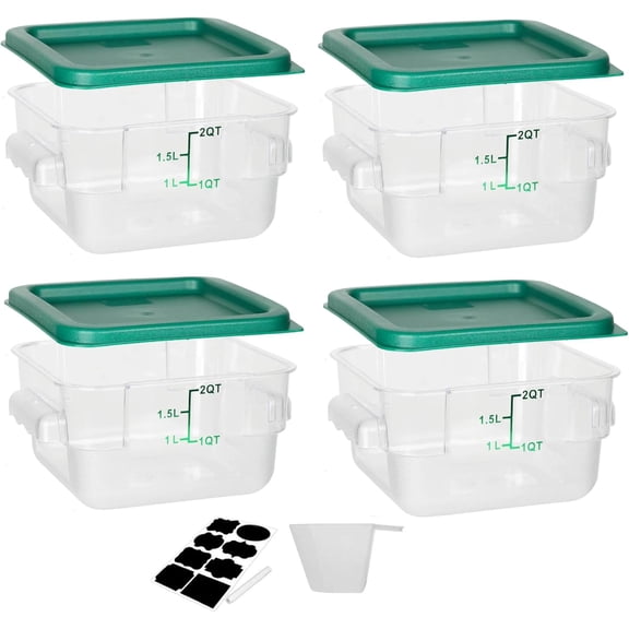 4 Pack Food Storage Containers, 2 Quart with Lids, Square Commercial Containers with Scale, NSF, Polycarbonate, Clear