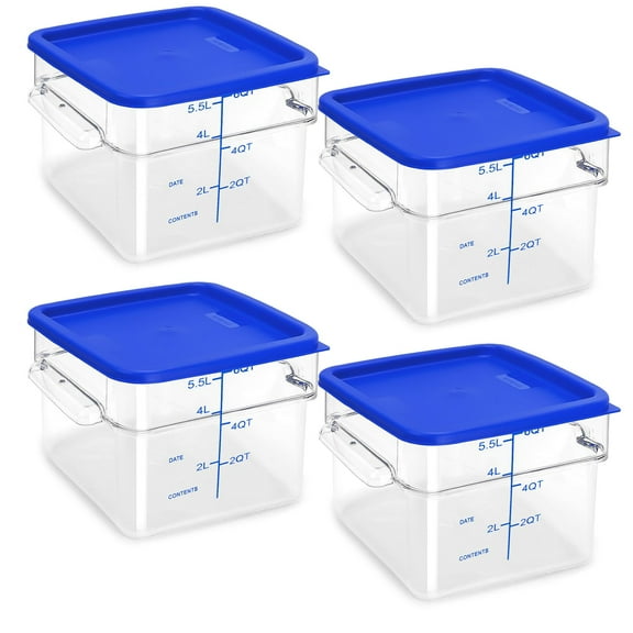 4 Pack Food Storage Containers with Blue Lids, 6.0 Qt - Square, Clear, Polycarbonate, for Restaurant Commercial Kitchen and Home party
