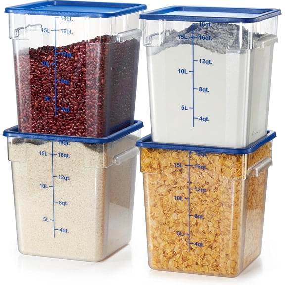 4 Pack Food Storage Containers with Blue Lids - NSF Listed Commercial Grade in 18.0 Qt - Square, Clear, Polycarbonate