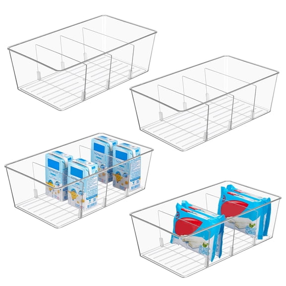 4-Pack Food Storage Organizer Bins, Clear Plastic Bins for Pantry, Kitchen, Fridge, and Cabinet Organization and Storage, 4-Compartment Holder for Packets, Snacks, Pouches, and Spice Packet