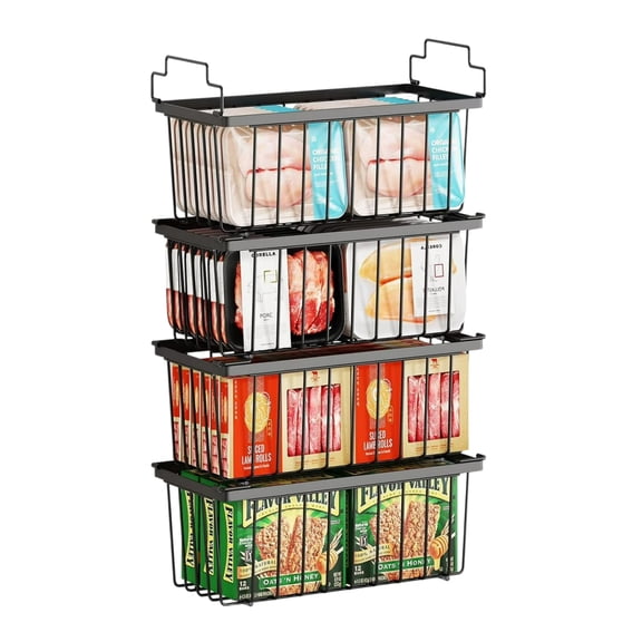 4 Pack Freezer Organizer Bins, Stackable Deep Chest Refrigerator Pantry Organizer Baskets with Handles for Kitchen Cabinet, Storage Food Container for 5/ 7 Cu.FT Deep Freezer Sort Frozen Meats,Black