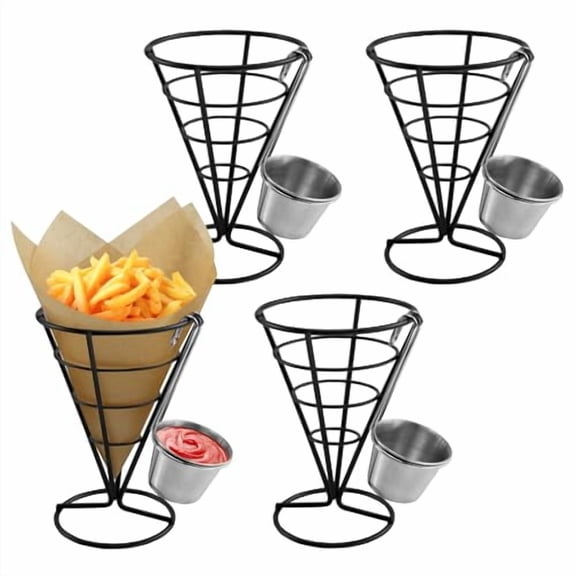 4 Pack French Fry Holder, French Cone Fries Basket with Sauce Cup, Metal Wire French Fries Holder for Kitchen, Restaurant Buffet, Picnic Party, Buffet Dinner, Home PartiesBlack