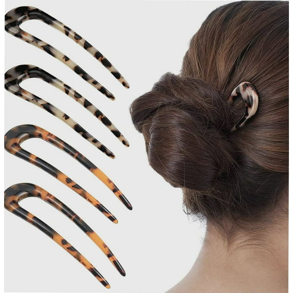 [4 Pack] French Style Cellulose Acetate Tortoise Shell U Shaped Hair Pin Fork 2 Prong Updo Chignon Pin for Women Girls Hairstyle AccessoriesTortoiseshell and White Tortoiseshell)