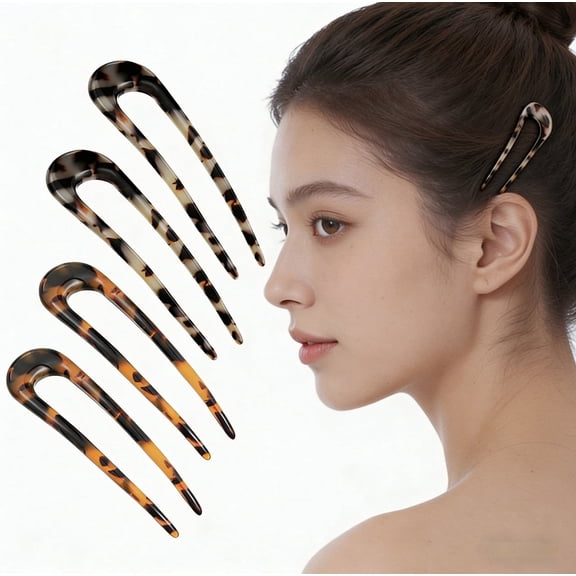 4 Pack French Style Cellulose Acetate U Shaped Hair Pins, 2 Prong Chignon Updo Pins for Women, Tortoiseshell & White Tortoiseshell