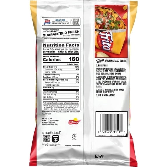 ( 4 Pack ) Fritos Original Corn Chips Snacks, 3.375 oz Bag
