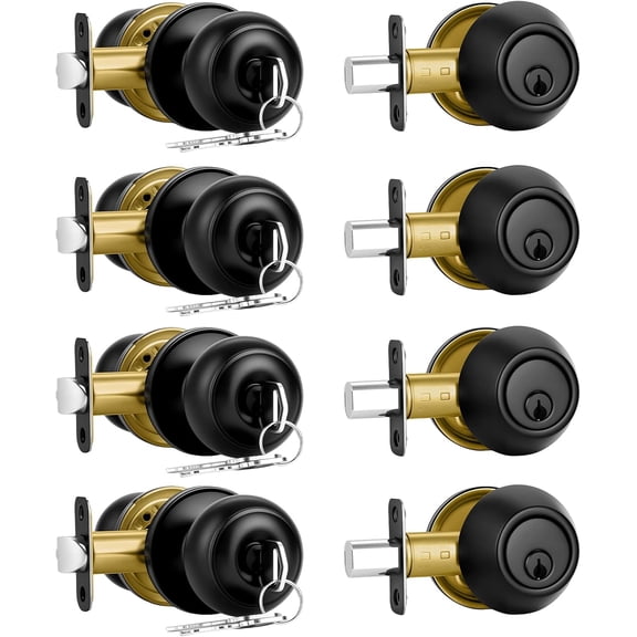 4 Pack Front Door Lock Set,Matte Black Exterior Door Lock Set with Deadbolt,Single Cylinder Deadbolt Lock and Door Knob Set,Keyed Alike Door Knob with Lock&Keys,Round Ball Entry Door Lockset