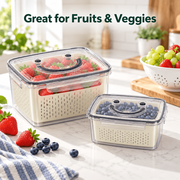 Ibiwe 4-Pack Fruit Storage Containers for Fridge with Removable Colanders and Lids