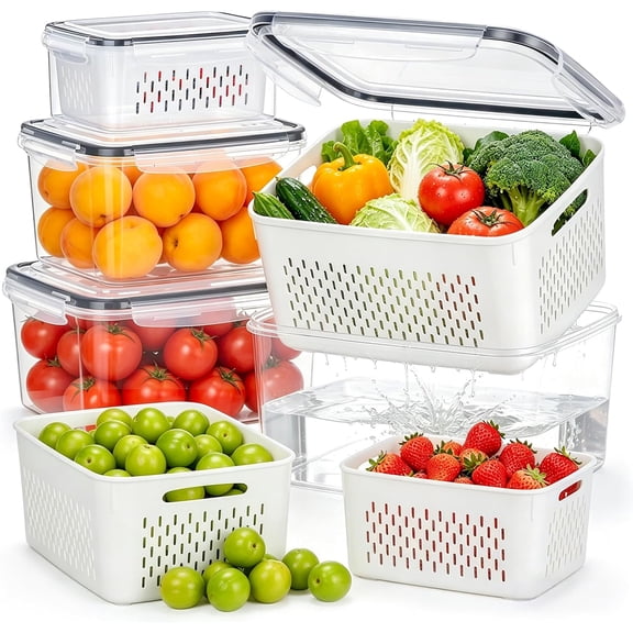 4 Pack Fruit Storage Containers for Fridge with Strainer, Reusable Plastic Produce Organizers and Storage for Berries, Salad, Lettuce, Various Sizes 3.4, 1.8, 0.9, 0.4 QT