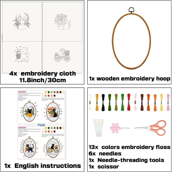 4 Pack Funny Black Cat Embroidery Kits for Beginners Starter Hand Embroidery Kit with Cat Patterns and Instructions Cat Pattern Embroidery Starter Kit for Adults Women Crafting