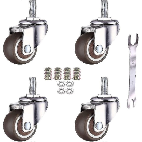 4 Pack Furniture Swivel Caster Wheels - M6 X 15mm With 25mm Thread - Soft Rubber - Tpe Thread