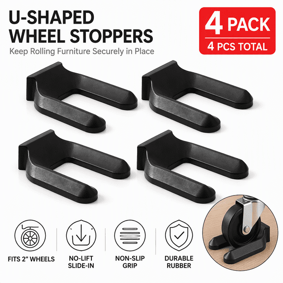 4-Pack Furniture Wheel Stopper, No-Lift U-Shaped Caster Cups for 2" (50mm) Wheels, Non-Slip Bed Roller Stoppers