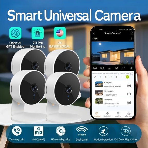 4 Pack GPT AI WiFi Security Camera Kit with Smart Hub, 4MP HD Auto Tracking Color Night Vision, Spotlight Alarm Two-Way Audio, APP Remote Monitor for Home Office Shop Supermarket