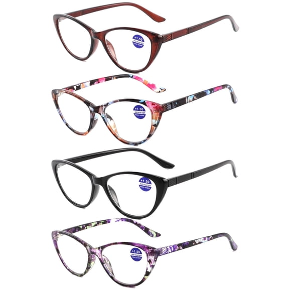 4 Pack Gabii Cateye Blue Light Blocking Readers +2.00, Lightweight Plastic Frame，Unisex