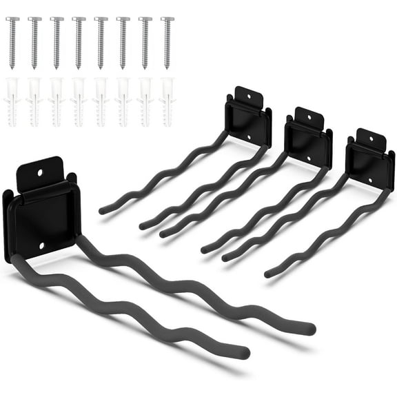 4 Pack 12 Inch Wave Garage Hooks Wall Mount Hangers | Utility Organizer with 60 lb Capacity for Ladders, Shovels, Chairs, Garden Tools, Wheelbarrows, Hoses and Ropes