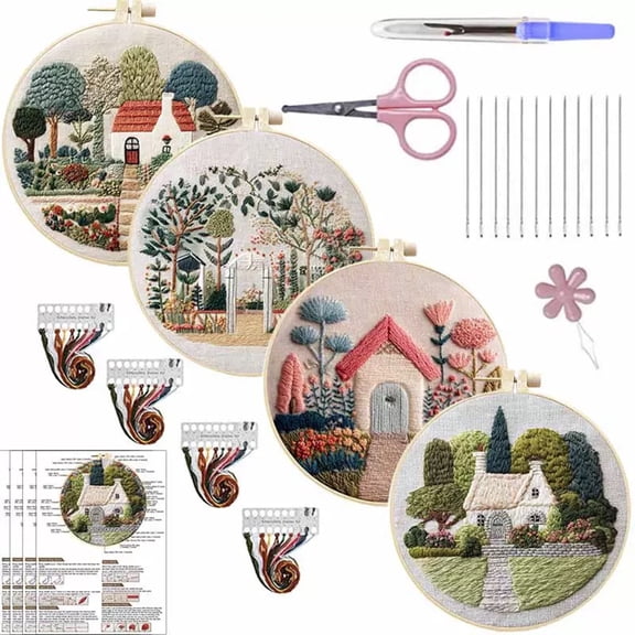 4 Pack Garden Embroidery Kits for Adults Beginners Cozy Cottage Floral Needlepoint DIY Hoop Art Craft Set