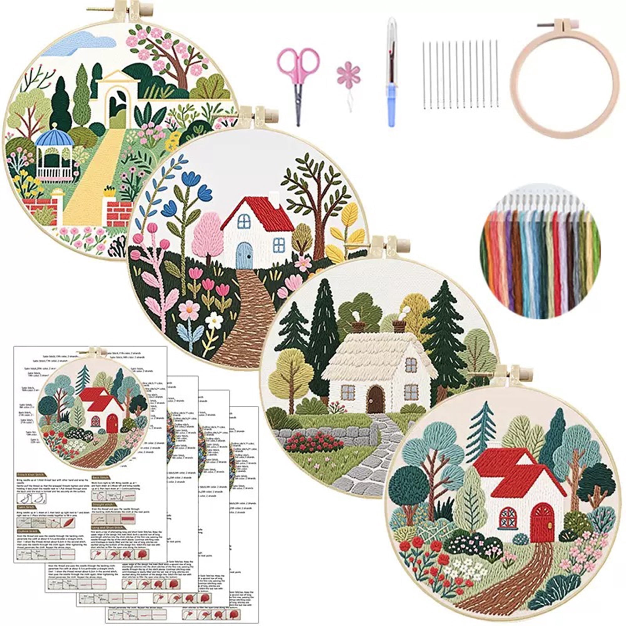 4 Pack Garden House Embroidery Kits for Adults Beginners Cottage Style DIY Embroidery Hoop Art Set