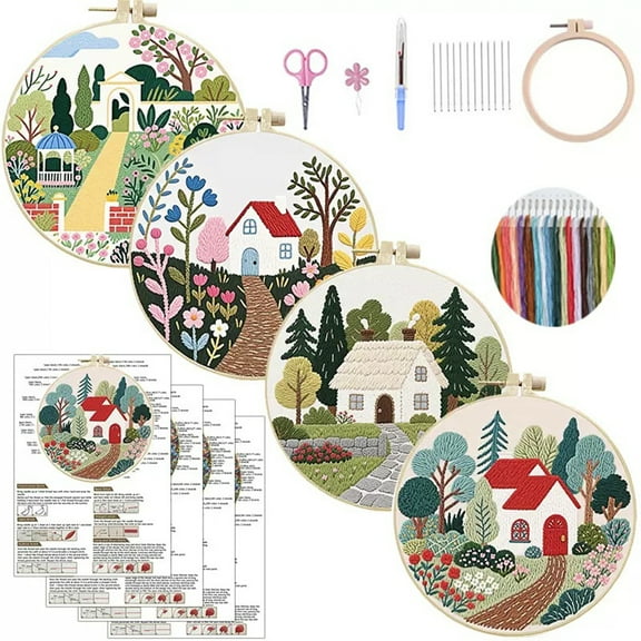 4 Pack Garden House Embroidery Kits for Adults Beginners Cottage Style DIY Embroidery Hoop Art Set