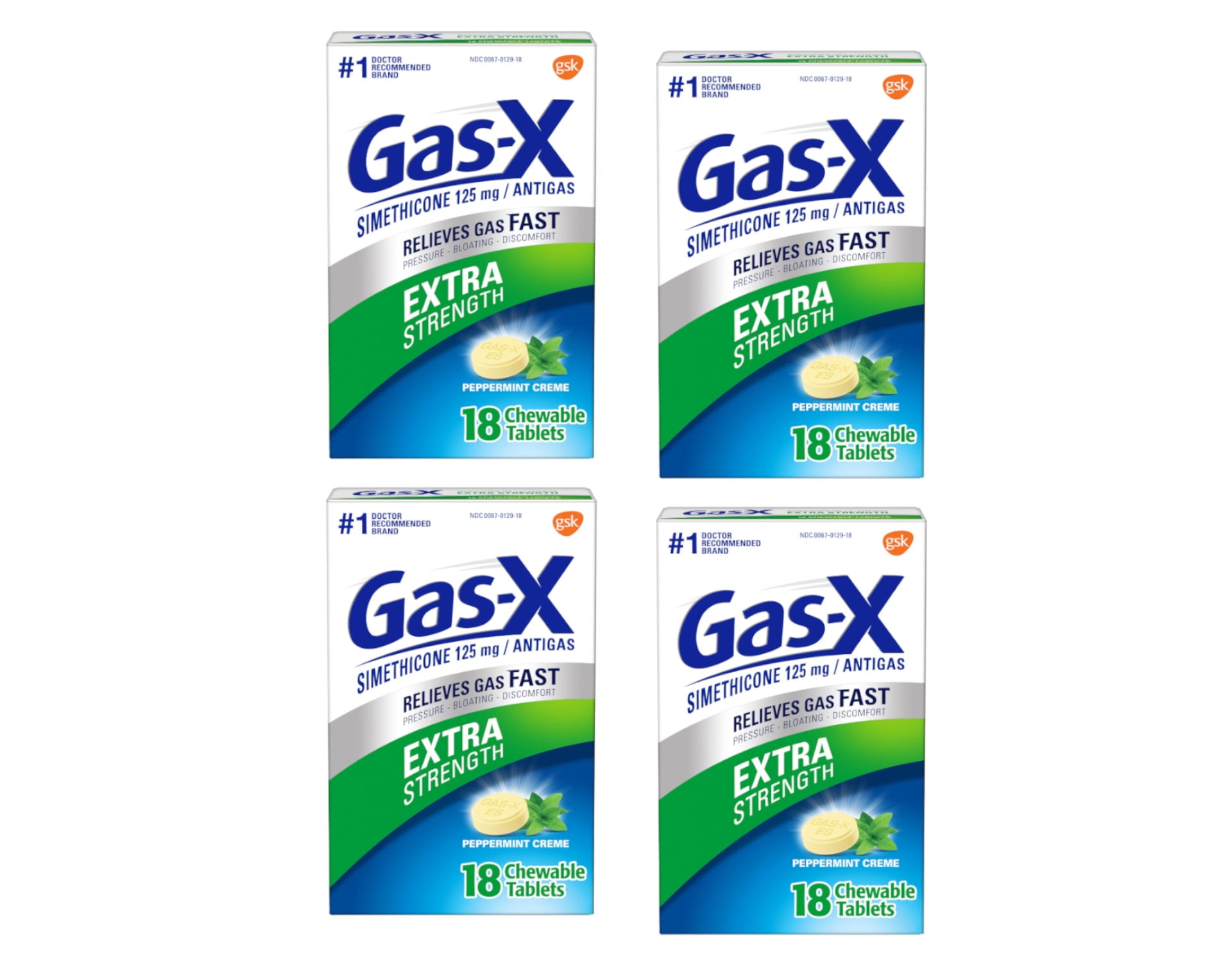 4 Pack GasX Chewables Extra Strength Peppermint Creme 18 Tablets Each