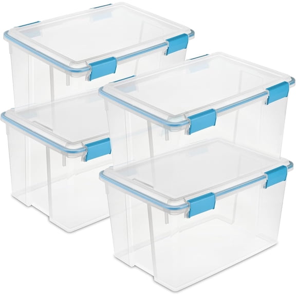 4-Pack Gasket Box, Weather-Resistant Storage Bins with Latching Lids, 54 Quart - Heavy-Duty Organizing Containers for Closet, Bathroom, and Office