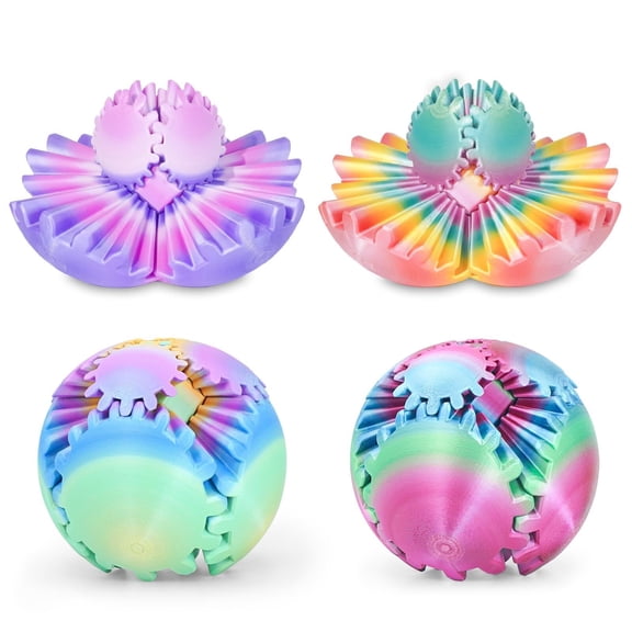 4 Pack Gear Ball Fidget ,3D Printed Stress Relief GearSphere Spin Cube for Adults , Anxiety Relieving Desk Gifts