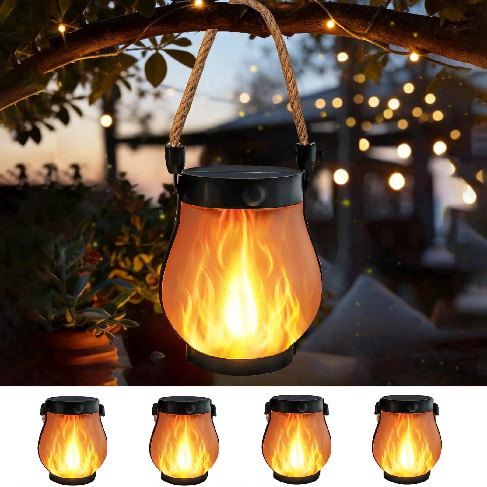 Gen2 Solar Lanterns Outdoor Waterproof, Solar Lantern with Dancing Flame, 2 Lighting Modes, Dual Charging USB & Solar, Solar Outdoor Lights with Rope Handle for Camp Garden Tree Tabletop Decor