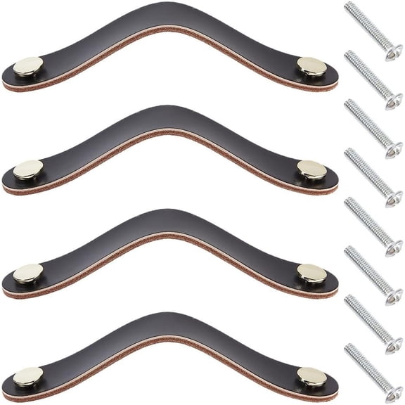 4 Pack Genuine Leather Hardware Dresser Decorative Handle 6.6 Inch Leather Drawer Pulls Cabinet Handles Handmade Soft Kitchen Wardrobe Door Knobs with Screw for Furniture Cupboards (Black)