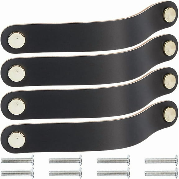 4 Pack Genuine Leather Hardware Dresser Decorative Handle 8 Inch Leather Drawer Pulls Cabinet Handles Handmade Soft Kitchen Wardrobe Door Knobs with Screw for Furniture Cupboards (Black)