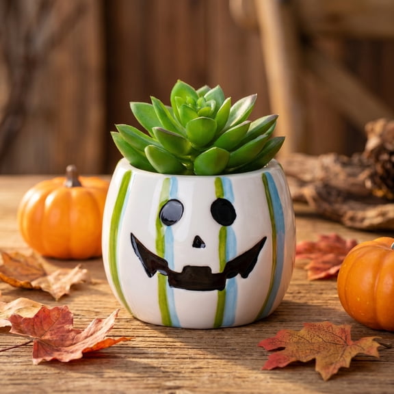 4 Pack Ghost Face Ceramic Plant Pots – Mini Succulent Planters with Different Expressions, Funny Desk Decor for Bedroom Office, Halloween Gift