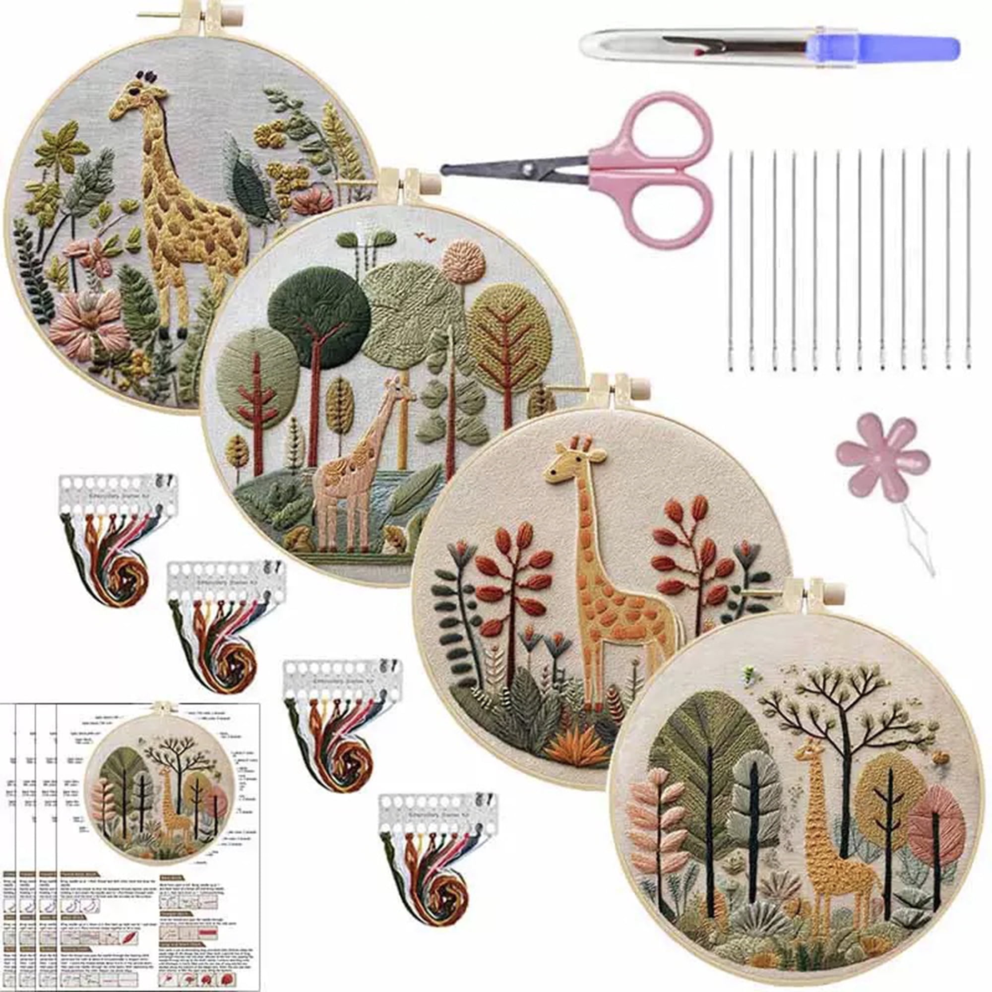 4 Pack Giraffe Embroidery Kits for Adults Beginners Cute Cartoon Animal Needlepoint DIY Hoop Art Craft Set