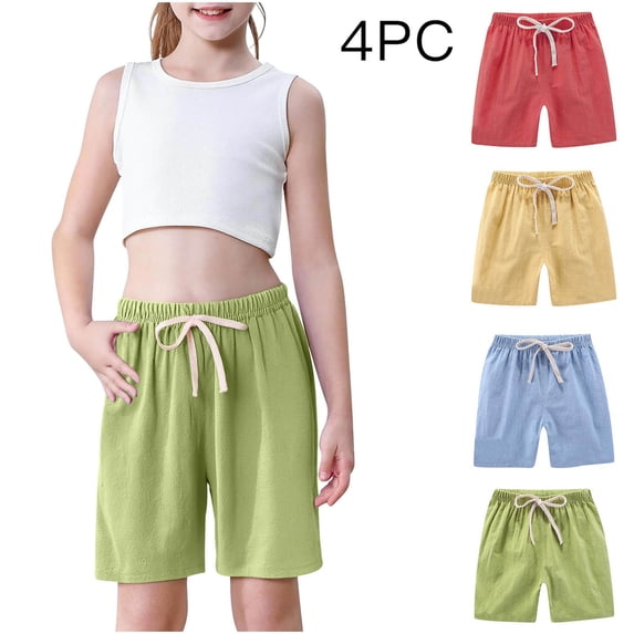 4 Pack Girls Boy's Linen Shorts Kids Athletic Basketball Bermuda Elastic Waist Sweat Shorts with Pockets 5-16 Years Multicolor A 9 Years