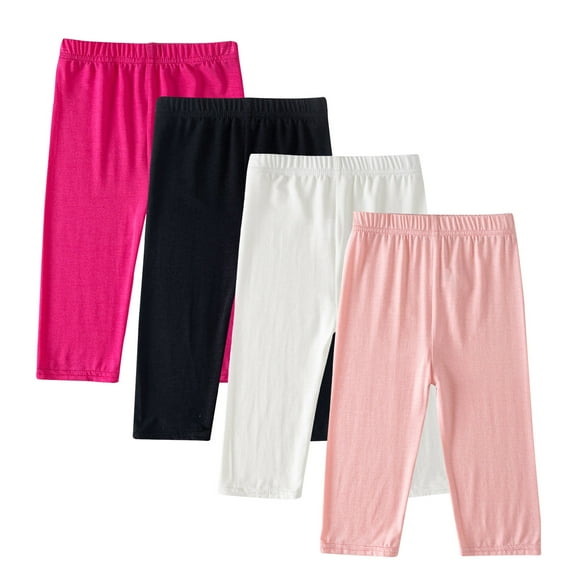 4 Pack Girls Capri Leggings Elastic Waist Solid Color Slim Pants Summer Thin Breathable Stretch Sporty Outfits (12 Years, Pink,Black,White,Pink)