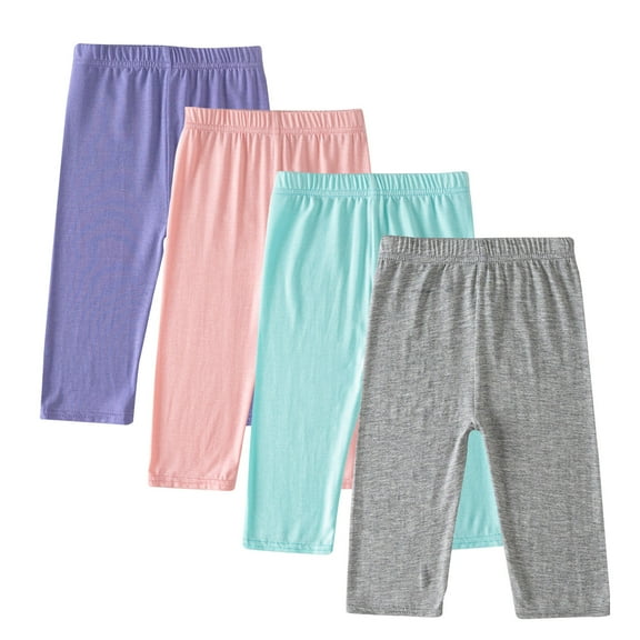4 Pack Girls Capri Leggings Elastic Waist Solid Color Slim Pants Summer Thin Breathable Stretch Sporty Outfits (2 Years, Purple,Pink,Mint Green,Gray)