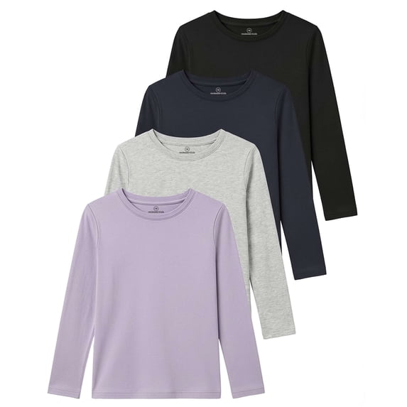 Real Essentials 4 Pack: Girls' Cotton Long Sleeve Crew Neck T-Shirt - Athletic Tee Shirt for Teens Kids Youth (Ages 4-16)