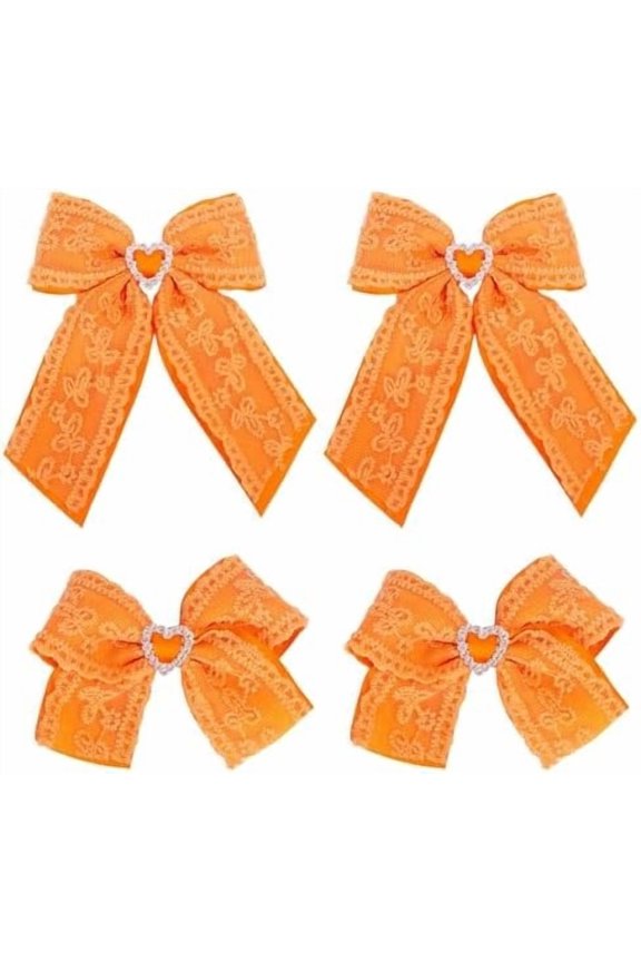 4 Pack Girls Hair Bow Clips - 2 Layer Lace & Grosgrain Hair Bows with Rhinestones | 3.5 Inch Non-Slip  Clips Hair Accessories for Braids, Pigtails, Halloween, Thanksgiving, Fall (Orange)