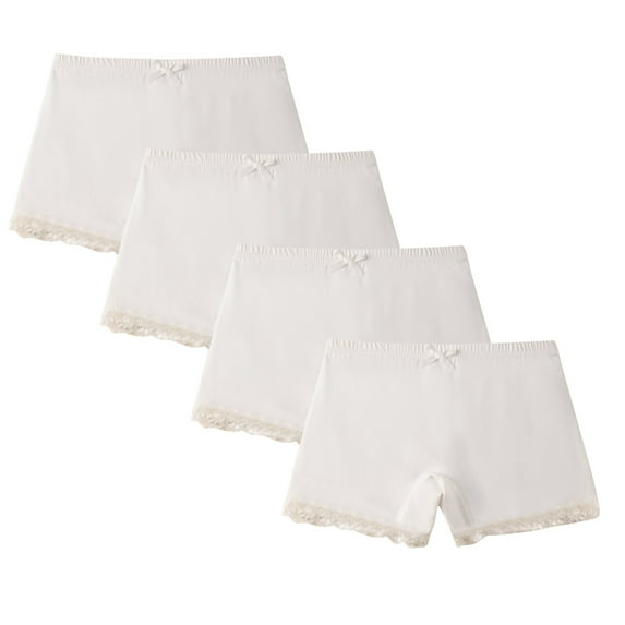 4 Pack Girls Slip Shorts for Under Dress Lace Trim Cotton Comfort Boyshorts Panties Solid Breathable Underwear, White, 7 Years