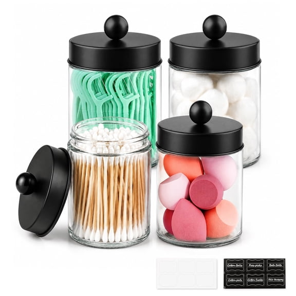 4 Pack 10 Oz Glass Apothecary Jars for Bathroom Vanity, Qtip Dispenser and Storage Organizer Set with Stainless Steel Lids and Labels for Cotton Swabs, Makeup Sponges and Countertop Essentials