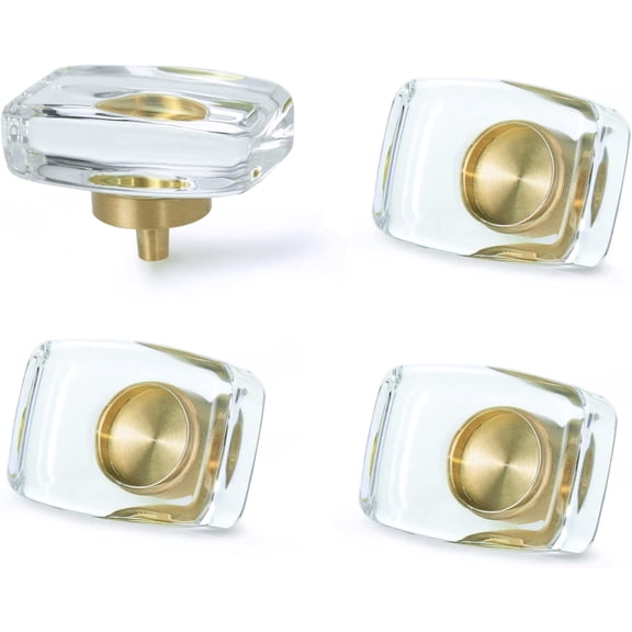 4 Pack Glass Brass Knobs Crystal Mid Century Modern Drawer Pull Clear Cabinet Handle Furniture Hardware for Wardrobe Dresser Kitchen (Rectangle)