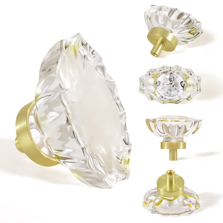 4 Pack Glass Cabinet Knobs and Pulls,Oval Champagne Crystal Knobs for Dresser Drawer with Satin Brass/Brushed Gold Base
