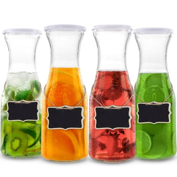 4 Pack Glass Carafe with Lid,35 oz Clear Glass Pitcher,Dishwasher Safe Beverage Drink Dispensers for Brunch, Party