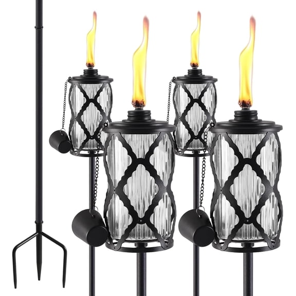 4 Pack Glass Citronella Torches, 16 oz Garden Torches for Outside, 55 inch Outdoor Clear Glass Citronella Torches with 3-Prong Grounded Stake for Garden, Patio, Party, Landscape Decor