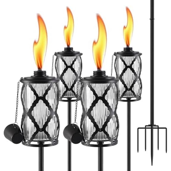 4 Pack Glass Citronella Torches for Outside, 16 Oz Outdoor Garden Torches with 5-Prong Grounded Stake, 60 Inch Patio Torch with Clear Glass Canisters, Outside Torches for Backyard, Patio