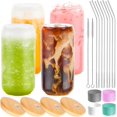 thumbnail image 1 of 4 Pack Glass Cups Set 16oz Drinking Glasses with Bamboo Lids and Straws Beer Glass Tumbler for Mojito Soda Smoothies Whiskey Iced Coffee Cocktail Tea Juice, 1 of 6