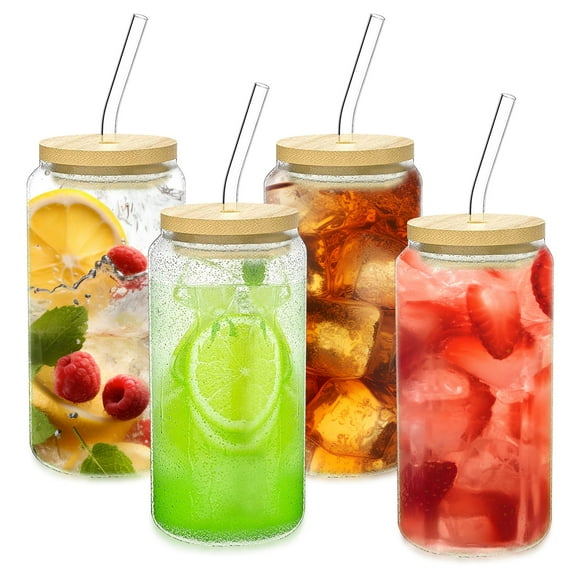 4 Pack Drinking Glasses with Bamboo Lids and Glass Straws, 16oz Glass Cups Iced Coffee Glasses Cup for Whiskey Soda Tea Juice