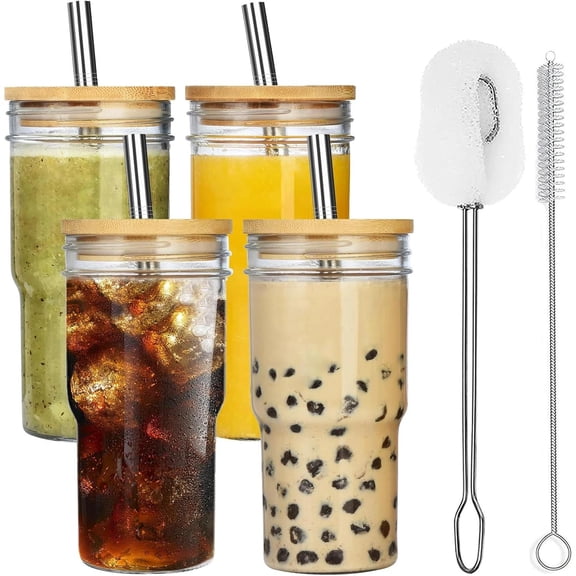 4-Pack Glass Cups with Bamboo Lids and Straws, 22Oz Mason Jar Glass Tumbler, Reu