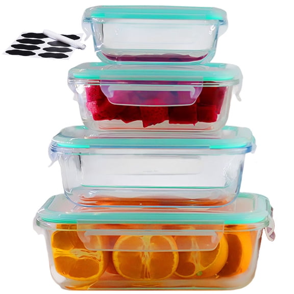 4 Pack Glass Food Storage Containers, Meal Prep, Airtight Bento Boxes with Leak Proof Locking Lids, for Microwave, Lunch Boxes, Oven, Freezer And Dishwasher, BPA Free with free labels&marker pen